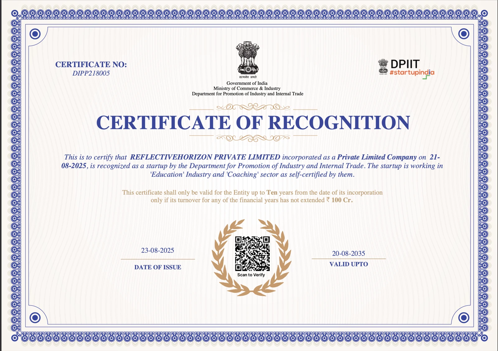 DPIIT Certificate of Recognition issued to ReflectiveHorizon Private Limited